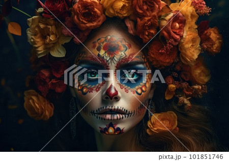 Portrait of a woman with sugar skull makeup over dark background. Halloween costume and make-up. Portrait of Calavera Catrina. Generative AI. 101851746