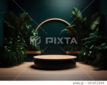 Cosmetics product advertising stand. Exhibition wooden podium on green background with leaves and shadows. Empty pedestal to display product packaging. Mockup. Generative AI. Cosmetics product advertising stand. Exhibition wooden podium on green background with leaves and shadows. Empty pedestal to display product packaging. Mockup. Generative AI. 101851849