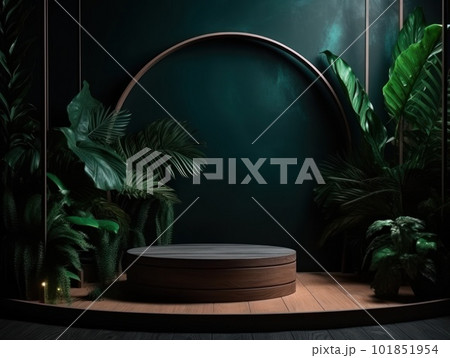 Cosmetics product advertising stand. Exhibition wooden podium on green background with leaves and shadows. Empty pedestal to display product packaging. Mockup. Generative AI. 101851954