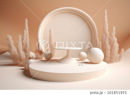 Podium on sand background. Display with sunshade and shadow on the background for cosmetic perfume fashion natural product. Generative AI. 101851955