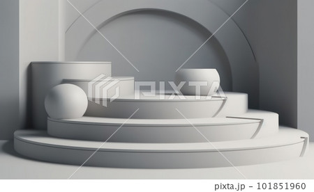 Elegant abstract set of white podiums in sunlight with shadow on white background for product display. Simple modern geometric design. Generative AI. 101851960