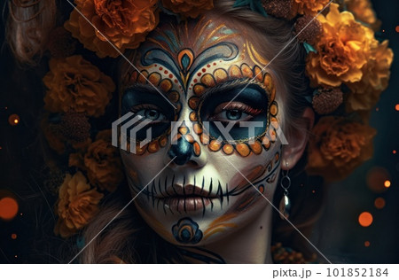 Portrait of a woman with sugar skull makeup over dark background. Halloween costume and make-up. Portrait of Calavera Catrina. Generative AI. Portrait of a woman with sugar skull makeup over dark background. Halloween costume and make-up. Portrait of Calavera Catrina. Generative AI. 101852184