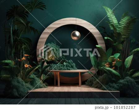 Cosmetics product advertising stand. Exhibition wooden podium on green background with leaves and shadows. Empty pedestal to display product packaging. Mockup. Generative AI. 101852287