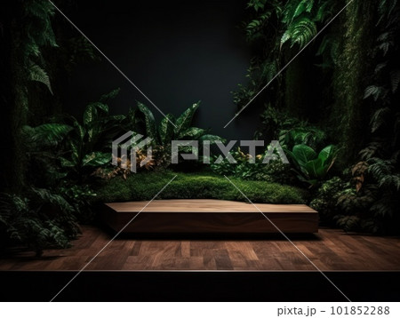 Cosmetics product advertising stand. Exhibition wooden podium on green background with leaves and shadows. Empty pedestal to display product packaging. Mockup. Generative AI. Cosmetics product advertising stand. Exhibition wooden podium on green background with leaves and shadows. Empty pedestal to display product packaging. Mockup. Generative AI. 101852288