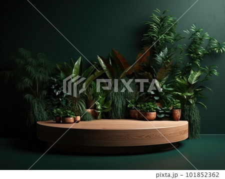 Cosmetics product advertising stand. Exhibition wooden podium on green background with leaves and shadows. Empty pedestal to display product packaging. Mockup. Generative AI. Cosmetics product advertising stand. Exhibition wooden podium on green background with leaves and shadows. Empty pedestal to display product packaging. Mockup. Generative AI. 101852362