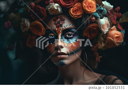Portrait of a woman with sugar skull makeup over dark background. Halloween costume and make-up. Portrait of Calavera Catrina. Generative AI. Portrait of a woman with sugar skull makeup over dark background. Halloween costume and make-up. Portrait of Calavera Catrina. Generative AI. 101852531