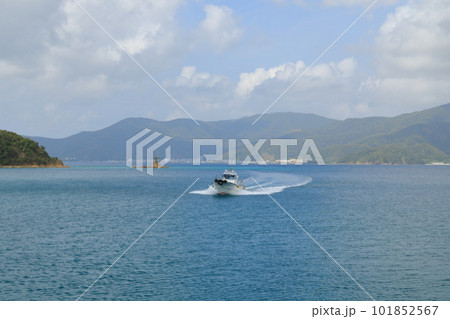 大島海峡を渡って加計呂麻島生間港へと入港してくる海上タクシー 大島海峡を渡って加計呂麻島生間港へと入港してくる海上タクシー 101852567