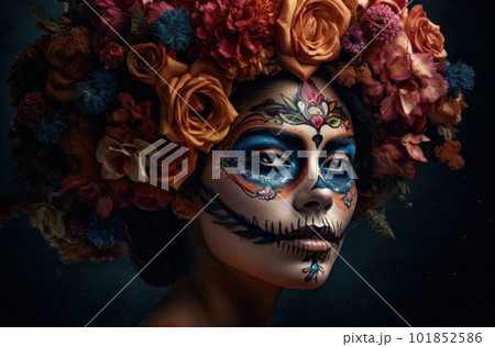 Portrait of a woman with sugar skull makeup over dark background. Halloween costume and make-up. Portrait of Calavera Catrina. Generative AI. 101852586