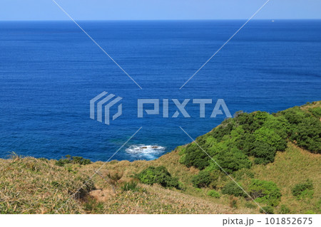 奄美大島宮古崎の青い海の岩場の白波の眺め 101852675
