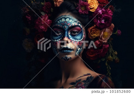 Portrait of a woman with sugar skull makeup over dark background. Halloween costume and make-up. Portrait of Calavera Catrina. Generative AI. Portrait of a woman with sugar skull makeup over dark background. Halloween costume and make-up. Portrait of Calavera Catrina. Generative AI. 101852680