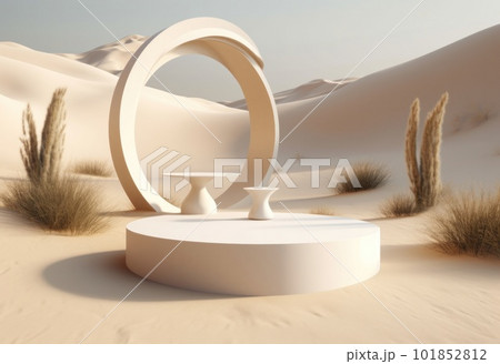 Podium on sand background. Display with sunshade and shadow on the background for cosmetic perfume fashion natural product. Generative AI. 101852812