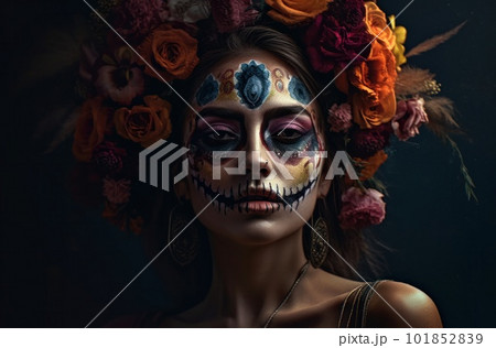 Portrait of a woman with sugar skull makeup over dark background. Halloween costume and make-up. Portrait of Calavera Catrina. Generative AI. Portrait of a woman with sugar skull makeup over dark background. Halloween costume and make-up. Portrait of Calavera Catrina. Generative AI. 101852839