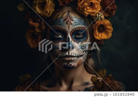 Portrait of a woman with sugar skull makeup over dark background. Halloween costume and make-up. Portrait of Calavera Catrina. Generative AI. Portrait of a woman with sugar skull makeup over dark background. Halloween costume and make-up. Portrait of Calavera Catrina. Generative AI. 101852840
