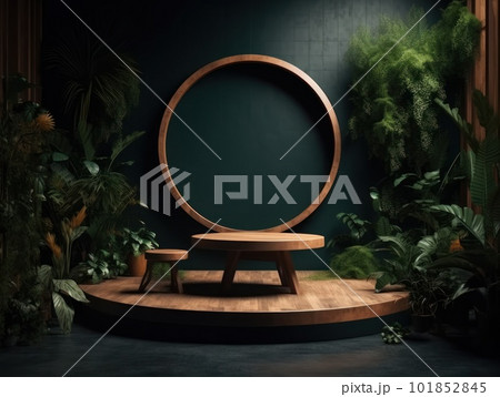 Cosmetics product advertising stand. Exhibition wooden podium on green background with leaves and shadows. Empty pedestal to display product packaging. Mockup. Generative AI. 101852845