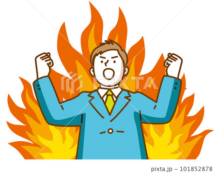 炎をバックに天を仰いでガッツポーズをするスーツ姿の男性 炎をバックに天を仰いでガッツポーズをするスーツ姿の男性 101852878
