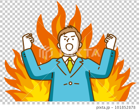 A man in a suit looking up at the sky with flames in the background and doing a guts pose 101852878