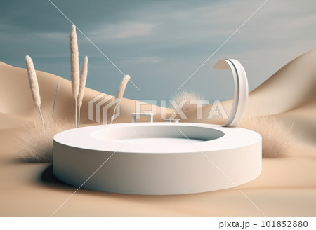 Podium on sand background. Display with sunshade and shadow on the background for cosmetic perfume fashion natural product. Generative AI. 101852880