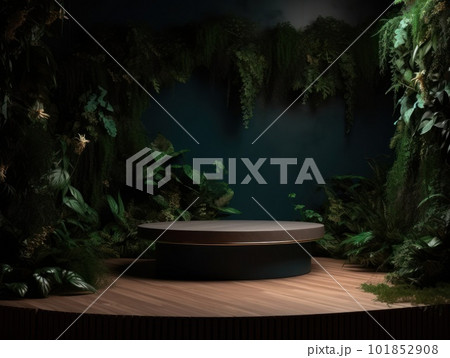 Cosmetics product advertising stand. Exhibition wooden podium on green background with leaves and shadows. Empty pedestal to display product packaging. Mockup. Generative AI. 101852908