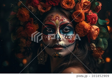 Portrait of a woman with sugar skull makeup over dark background. Halloween costume and make-up. Portrait of Calavera Catrina. Generative AI. 101852909