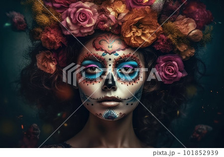 Portrait of a woman with sugar skull makeup over dark background. Halloween costume and make-up. Portrait of Calavera Catrina. Generative AI. Portrait of a woman with sugar skull makeup over dark background. Halloween costume and make-up. Portrait of Calavera Catrina. Generative AI. 101852939