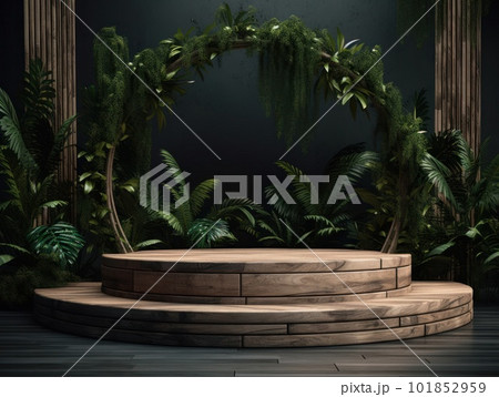 Cosmetics product advertising stand. Exhibition wooden podium on green background with leaves and shadows. Empty pedestal to display product packaging. Mockup. Generative AI. Cosmetics product advertising stand. Exhibition wooden podium on green background with leaves and shadows. Empty pedestal to display product packaging. Mockup. Generative AI. 101852959