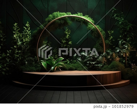 Cosmetics product advertising stand. Exhibition wooden podium on green background with leaves and shadows. Empty pedestal to display product packaging. Mockup. Generative AI. Cosmetics product advertising stand. Exhibition wooden podium on green background with leaves and shadows. Empty pedestal to display product packaging. Mockup. Generative AI. 101852979