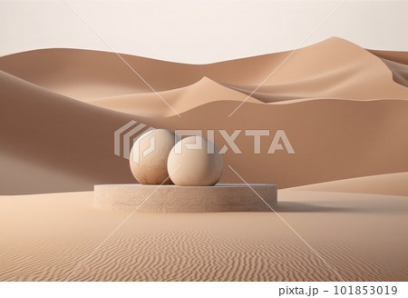 Podium on sand background. Display with sunshade and shadow on the background for cosmetic perfume fashion natural product. Generative AI. Podium on sand background. Display with sunshade and shadow on the background for cosmetic perfume fashion natural product. Generative AI. 101853019