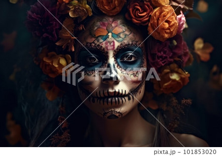 Portrait of a woman with sugar skull makeup over dark background. Halloween costume and make-up. Portrait of Calavera Catrina. Generative AI. 101853020