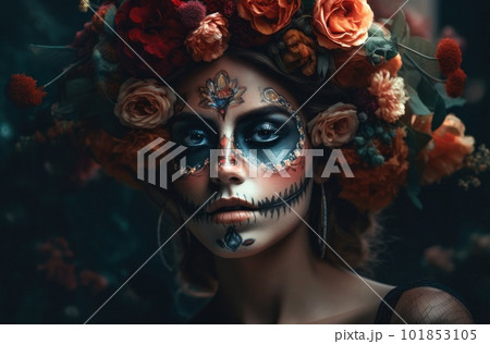 Portrait of a woman with sugar skull makeup over dark background. Halloween costume and make-up. Portrait of Calavera Catrina. Generative AI. 101853105