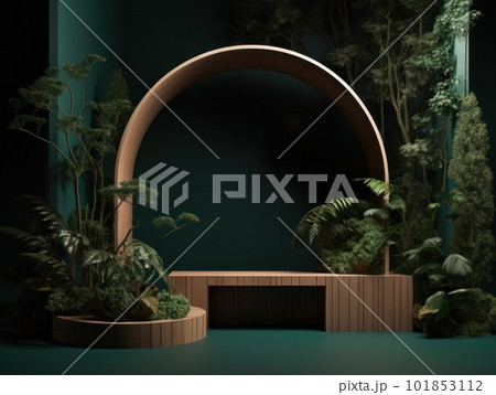 Cosmetics product advertising stand. Exhibition wooden podium on green background with leaves and shadows. Empty pedestal to display product packaging. Mockup. Generative AI. Cosmetics product advertising stand. Exhibition wooden podium on green background with leaves and shadows. Empty pedestal to display product packaging. Mockup. Generative AI. 101853112