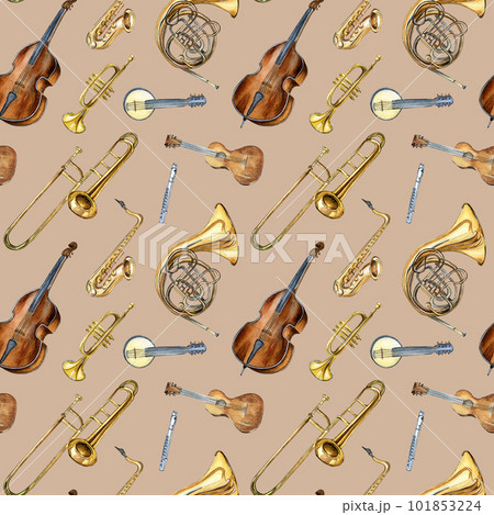 Musical instruments seamless pattern watercolor isolated on beige. 101853224