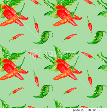 Tabasco hot pepper and leaves watercolor seamless pattern isolated on green. 101853226