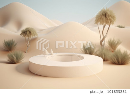 Podium on sand background. Display with sunshade and shadow on the background for cosmetic perfume fashion natural product. Generative AI. Podium on sand background. Display with sunshade and shadow on the background for cosmetic perfume fashion natural product. Generative AI. 101853281