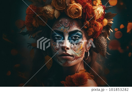 Portrait of a woman with sugar skull makeup over dark background. Halloween costume and make-up. Portrait of Calavera Catrina. Generative AI. 101853282