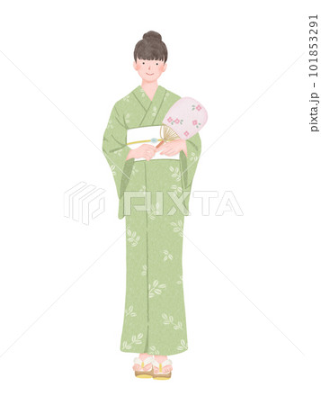 うちわを持つ浴衣を着た女性の全身イラスト 101853291