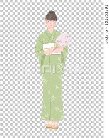 うちわを持つ浴衣を着た女性の全身イラスト 101853291
