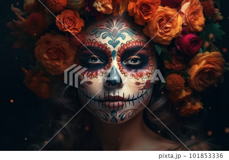 Portrait of a woman with sugar skull makeup over dark background. Halloween costume and make-up. Portrait of Calavera Catrina. Generative AI. 101853336