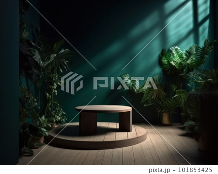 Cosmetics product advertising stand. Exhibition wooden podium on green background with leaves and shadows. Empty pedestal to display product packaging. Mockup. Generative AI. 101853425