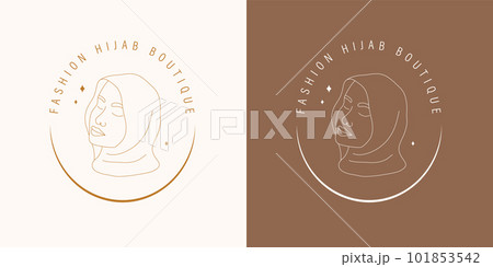 Fashion hijab boutique. Vector logotype design for wear store. Linear muslim woman with closed eyes. Minimalistic trendy illustration 101853542