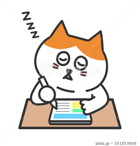勉強をしながら眠るネコ　タブレット　イラスト 101853608