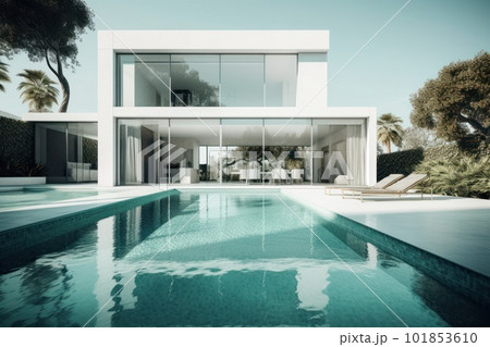 Design house - modern villa with open plan living and private bedroom wing. Large terrace with privacy and, swimming pool. Generative AI. 101853610
