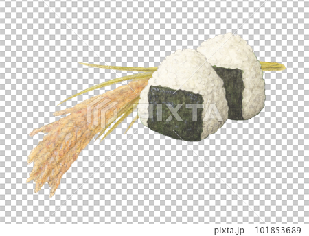 稲穂とおにぎり 水彩色鉛筆アナログイラストのイラスト素材 [101853689