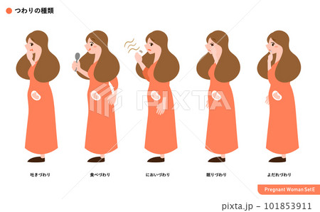 妊娠中の食べづわり、吐きづわり、眠りづわりなど妊婦さんのつわりの種類別シンプルセットイラスト_胎児 101853911