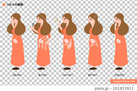 妊娠中の食べづわり、吐きづわり、眠りづわりなど妊婦さんのつわりの種類別シンプルセットイラスト_胎児 101853911