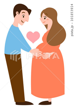 愛情・絆が伝わる妊娠中期〜後期の妊婦さんとお腹に手を当てて支える旦那さんの夫婦の人物イラスト 101853914