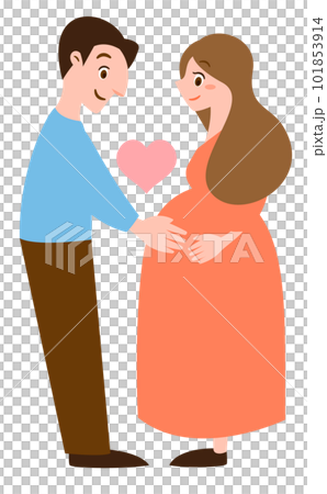 愛情・絆が伝わる妊娠中期〜後期の妊婦さんとお腹に手を当てて支える旦那さんの夫婦の人物イラスト 101853914