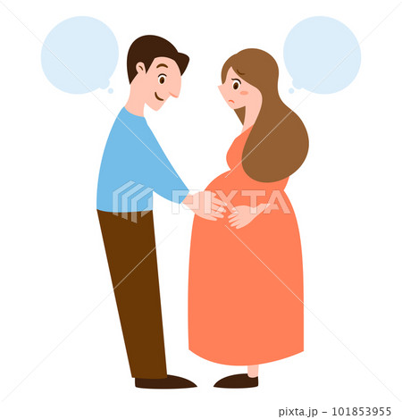 出産間近で不安なマタニティーブルーの妊婦さんと前向きに支える頼もしい旦那さんの夫婦の人物イラスト_向 101853955