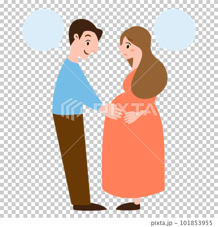 Illustration of a married couple of a pregnant woman in maternity blue who is anxious about giving birth and a reliable husband who positively supports her _ direction 101853955
