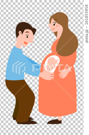 Illustration of a couple of pregnant women in the middle and late stages of pregnancy and their husbands calling out to the fetus_prenatal education Illustration of a couple of pregnant women in the middle and late stages of pregnancy and their husbands calling out to the fetus_prenatal education 101853958