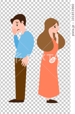 妊娠初期の妊婦さんと困惑する悩む旦那さんの夫婦の人物イラスト_背中合わせ 妊娠初期の妊婦さんと困惑する悩む旦那さんの夫婦の人物イラスト_背中合わせ 101853960